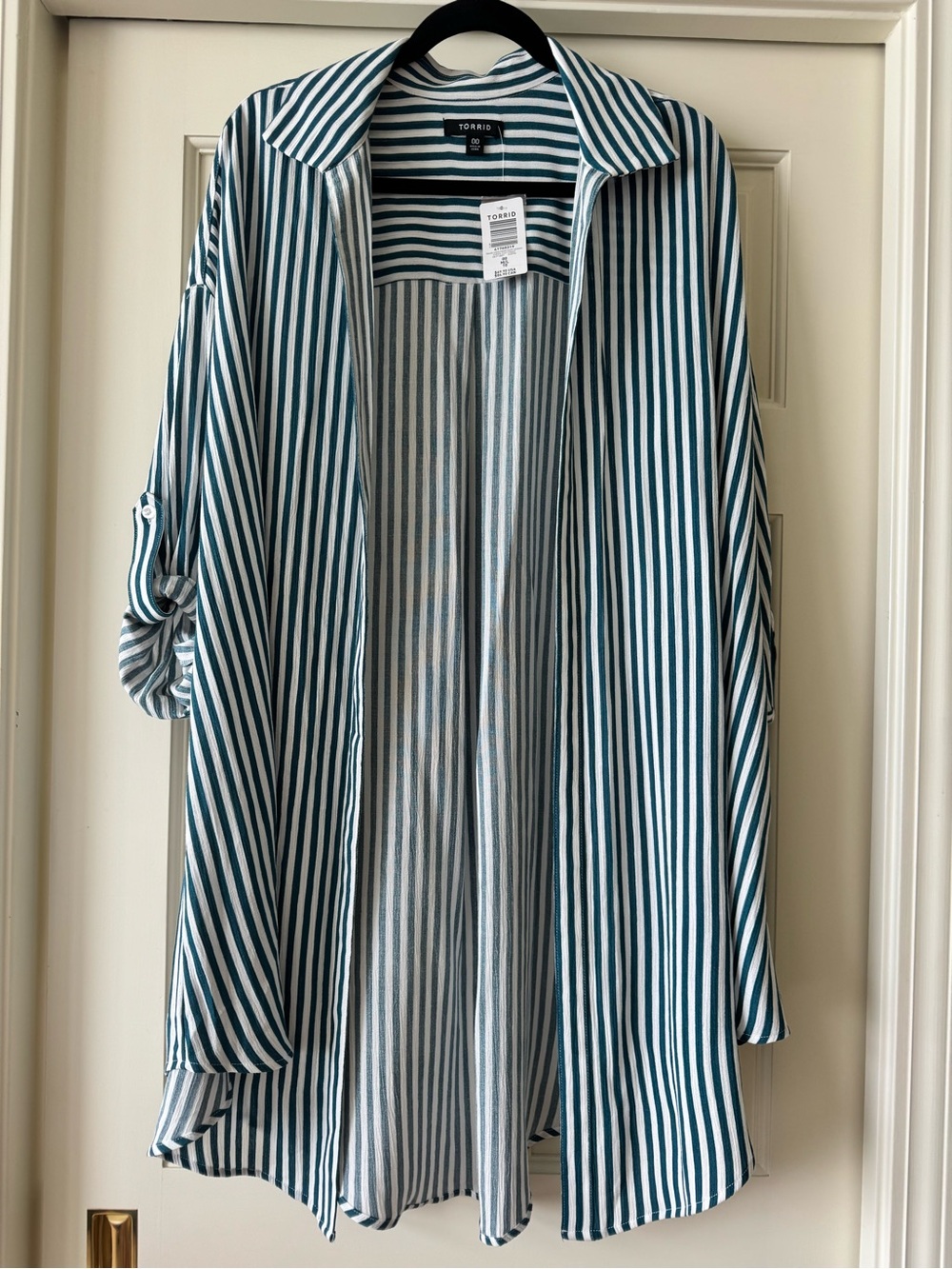 torrid Teal and White Vertical Stripe Open-Front Shirt